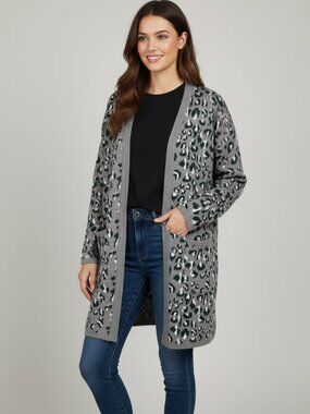 Cynthia Rowley Gray Leopard Print Open-Front Cardigan